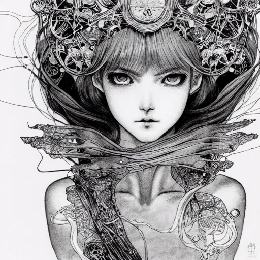 Image similar to prompt: Fragile looking vessel portrait soft light drawn by Vania Zouravliov, inspired by Akira 1988 anime, magical and alchemical weapons, soft light, white background, intricate detail, intricate ink painting detail, sharp high detail, manga and anime 2000