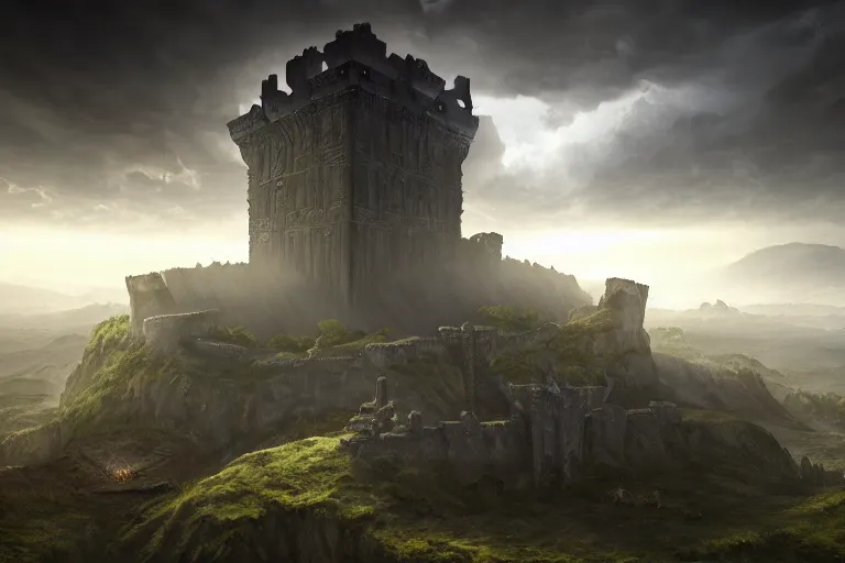 Image similar to giant ancient castle, cinematic, epic, dramatic lighting from above, dark, vines, fantasy, dust, unreal engine, octane, highly detailed, concept art, dark, super realistic