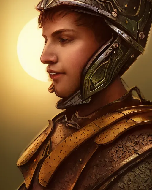 Image similar to macro closeup headshot of a boy wearing full plate armor, d & d, fantasy, rim light, volumetric lighting, digital painting, artstation, concept art, smooth, sharp focus, illustration, art by arney freytag, glamour pose, greg rutkowski, maxfield parrish and alphonse mucha, sunrise, new art nouveau, soft ambient lighting, particle effects