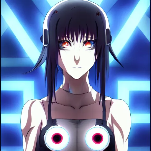 Image similar to female cyberpunk anime girl, yellow eye and red eye, symmetrical faces and eyes symmetrical body, middle shot waist up, Madhouse anime studios, Black Lagoon, Perfect Blue, Wit studio anime, studio lighting