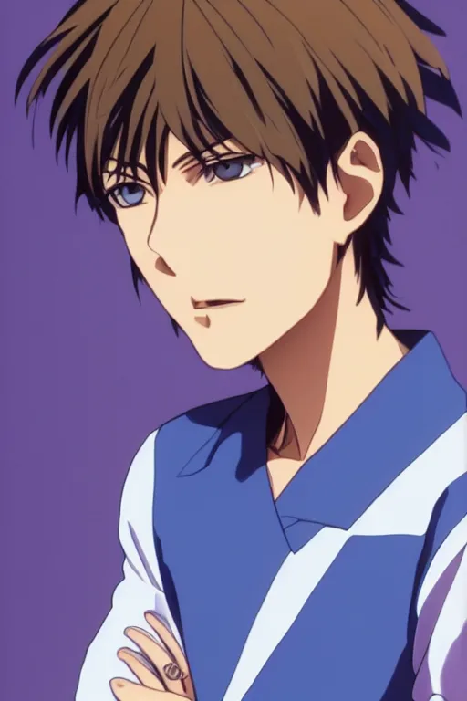 Image similar to portrait of a teen boy wearing a blue and white jumpsuit, brown spiky hair, tan skin, purple eyes, detailed, anime key visual, hisashi hirai