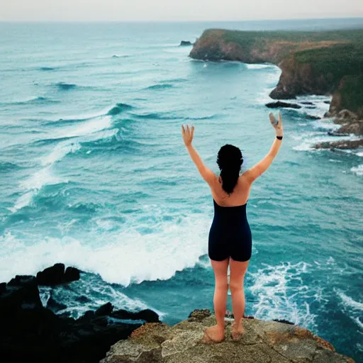Image similar to kodak portra 4 0 0 photograph of a beautiful young woman standing on a cliff edge over the ocean, back view, arms raised, wavy dark hair, moody lighting, intricate geometric tattoo on her back, telephoto, 9 0 s vibe, blurry background, vaporwave colors, faded!