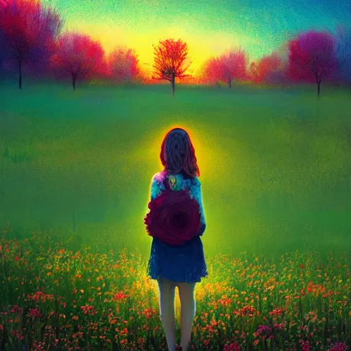 Image similar to girl with an blooming flower face, surreal photography, dream, standing in flower field, hills, valley, forest, sunrise dramatic light, impressionist painting, colorful clouds, digital painting, pointillism, artstation, simon stalenhag