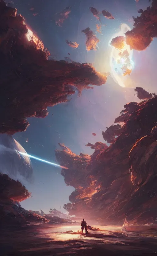 Prompt: a beautiful artwork illustration, two planets colliding, galactic explosion, by Greg Rutkowski and Jesper Ejsing and Raymond Swanland, featured on artstation, wide angle, vertical orientation