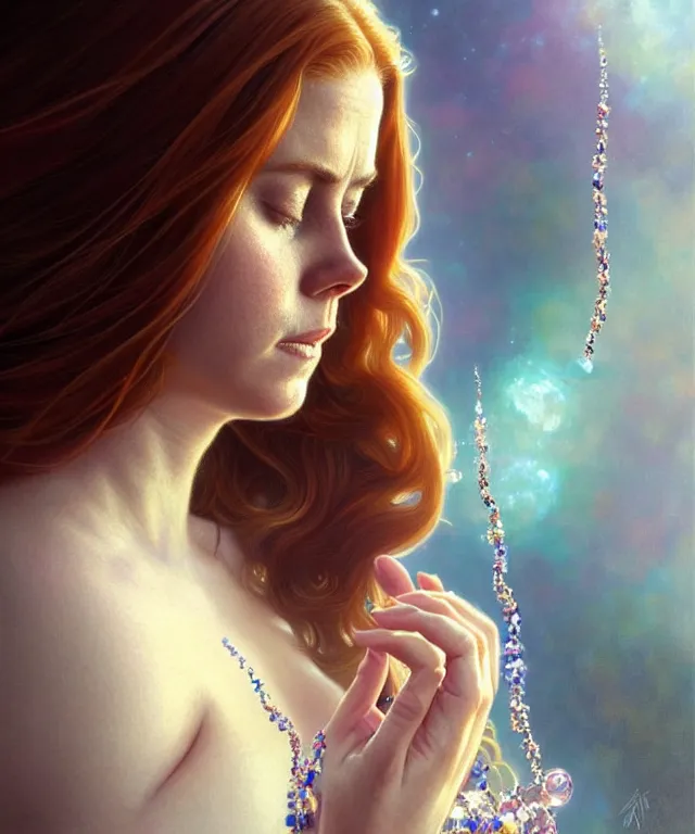 Image similar to a meditating Amy Adams with beads and crystals, portrait, intricate, elegant, highly detailed, digital painting, artstation, concept art, smooth, sharp focus, illustration, art by artgerm and greg rutkowski and alphonse mucha