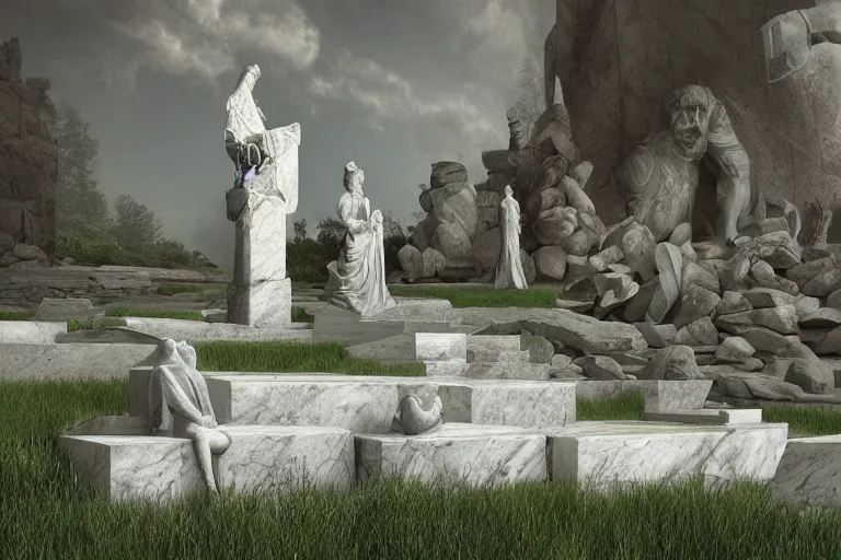 Prompt: a white marble statue of man ruins grass vicissitude octane render detailed surrealism by vladimir kush