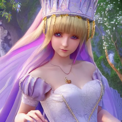 Image similar to a very detailed, ultra-realistic, pleasant, beautiful, funny, smooth 3D CG render, semirealistic anime style, close-up of a gorgeous, cute, gentle, noble priestess magician princess girl wearing dress and jewelry, in a glorious magic kingdom with castle and walls, relaxing calm vibes, fairytale, octane render