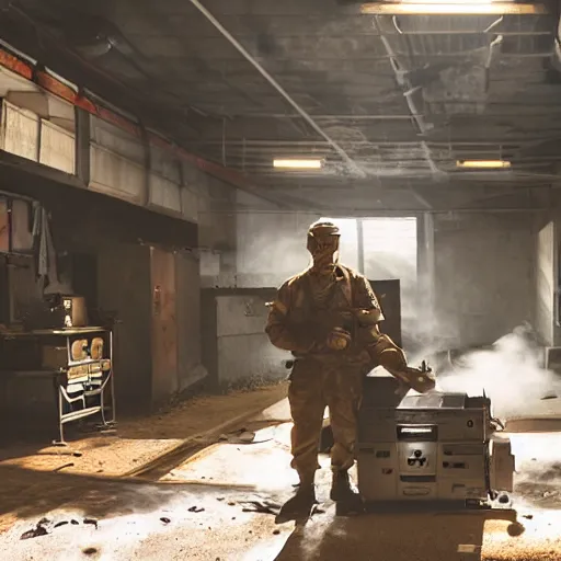 Image similar to soldier with toaster oven augmentation, dark messy smoke - filled cluttered workshop, dark, dramatic lighting, orange tint, sparks, cinematic, highly detailed, sci - fi, futuristic, movie still