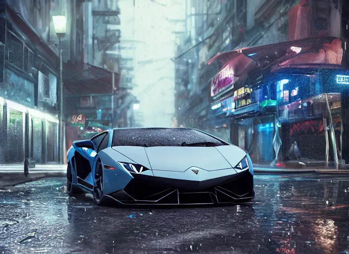 Prompt: Photo of Futuristic Lamborghini supercar on wet city streets by craig mullins and James Gurney, hyperdetailed, dramatic camera angle, octane render 8k,cyberpunk, neon, photorealistic