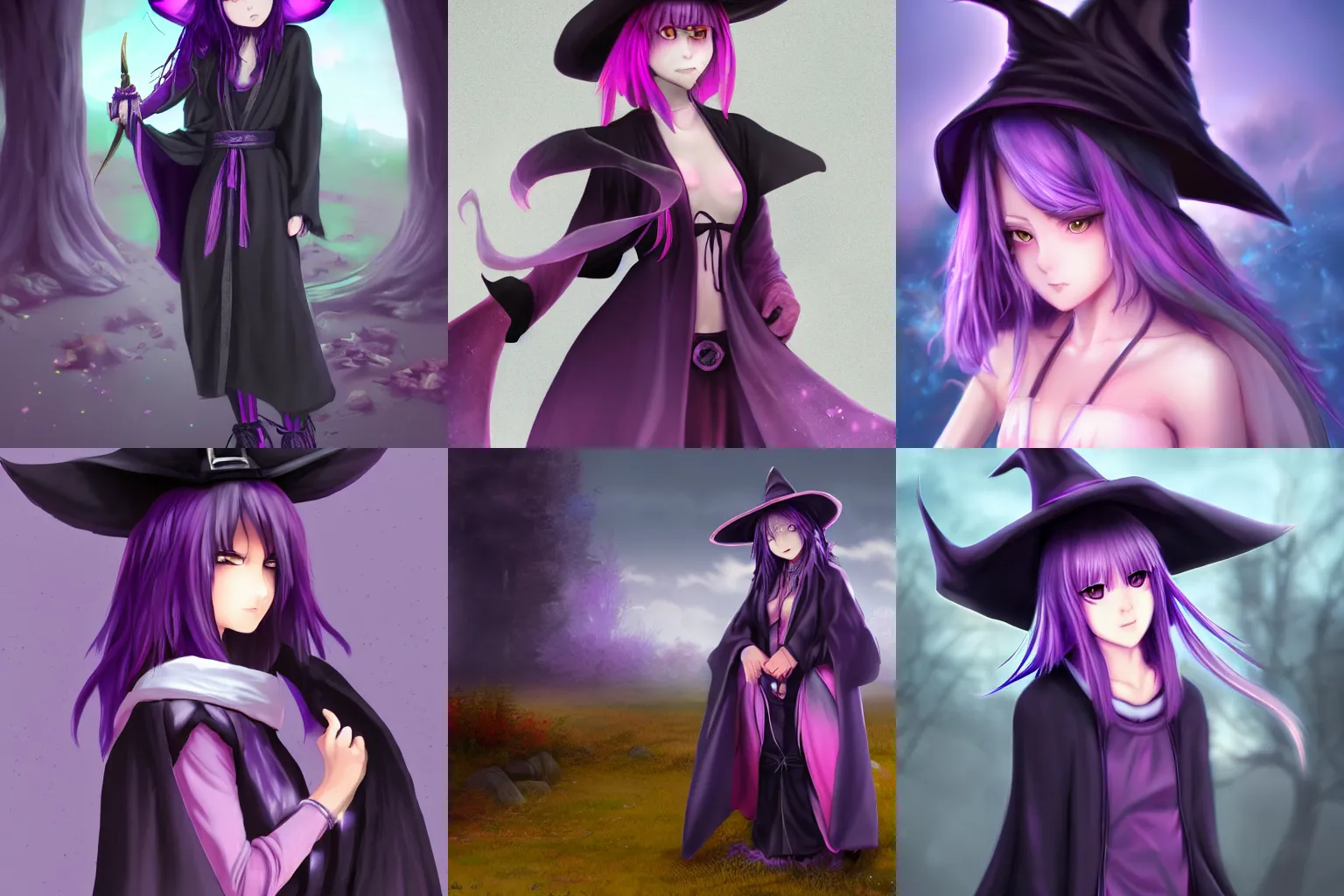 Prompt: realistic young anime purple haired witch dressed in a dark robe, wearing large dark witch hat, night pink underlit, game art digital matte painting, highly detailed, featured trending on artstation