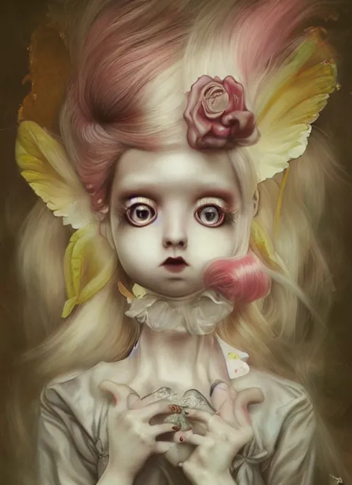 Prompt: pop surrealism, lowbrow art, realistic cute alice girl painting, japanese street fashion, hyper realism, muted colours, rococo, natalie shau, lori earley, tom bagshaw, mark ryden, trevor brown style,