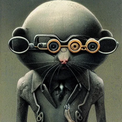 Prompt: a rat with steampunk googles, by Zdzisław Beksiński