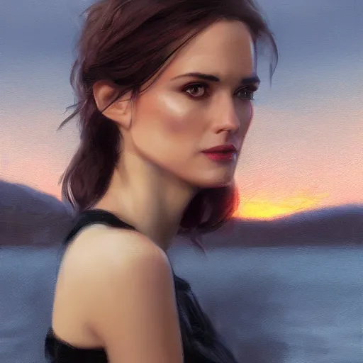 Prompt: a closeup portrait of a winona ryder, dramatic light, lake background, sunset, dark, sharp, painted by stanley lau, painted by greg rutkowski, painted by stanley artgerm, digital art, trending on artstation