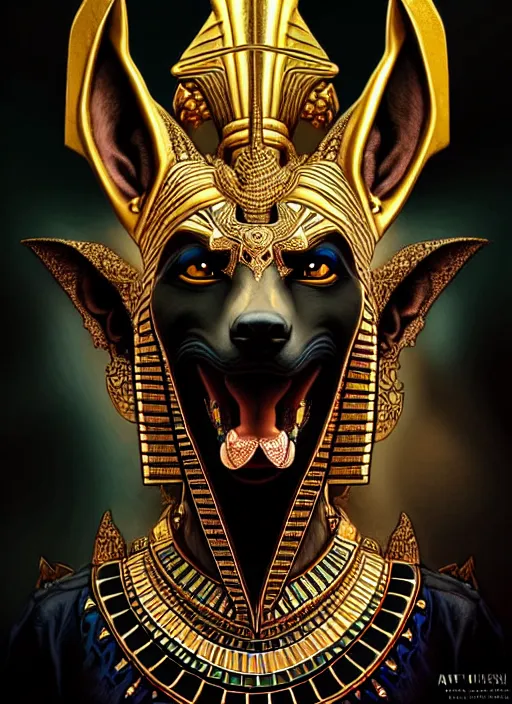 Prompt: angry god anubis, growling jackal with egyptian headdress and nemes, ornate art nouveau detail, symmetrical portrait, black and gold palette, fantasy, intricate, elegant, highly detailed, colorful, dark colors, dramatic shadow, digital painting, artstation, concept art, art by artgerm and greg rutkowski and ruan jia,