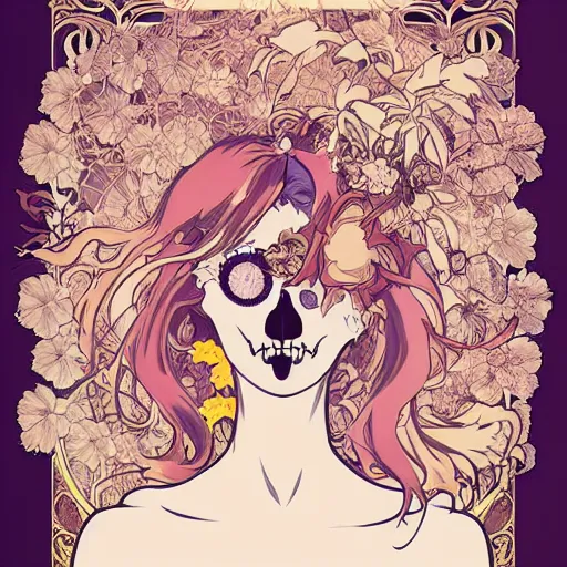 Prompt: anime manga skull portrait woman hair floral details comic skeleton illustration style by Alphonse Mucha and James Jean and Sainer Etam pop art nouveau