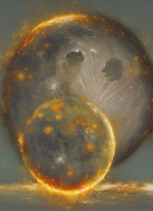 Image similar to painting of the moon colliding with earth and exploding