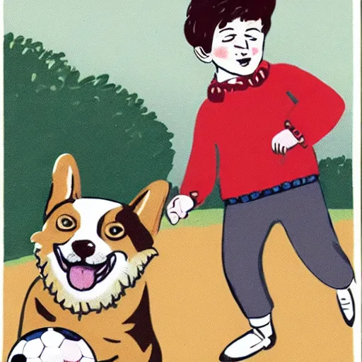 Image similar to book illustration of a french boy on the streets of paris playing football against a corgi, the dog is wearing a polka dot scarf, 1 9 6 6