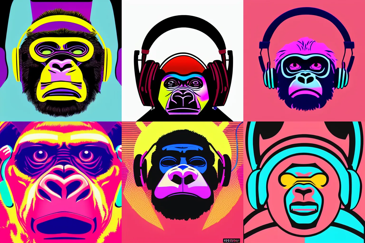 Prompt: a closeup of a gorilla face with headphones in retro colors, synthwave style, 2d digital vector art