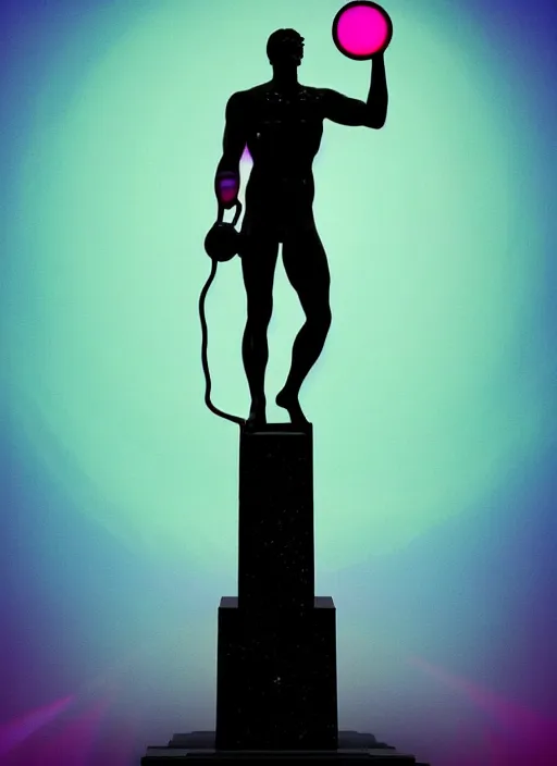 Prompt: statue of atlas holding the world, beeple, vaporwave, retrowave, black background, neon wiring, black, glitch, strong contrast, cuts, pinterest, trending on artstation