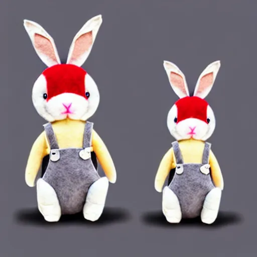 Image similar to a cute elegant felt plush doll of a rabbit wearing overalls detailed highly realistic