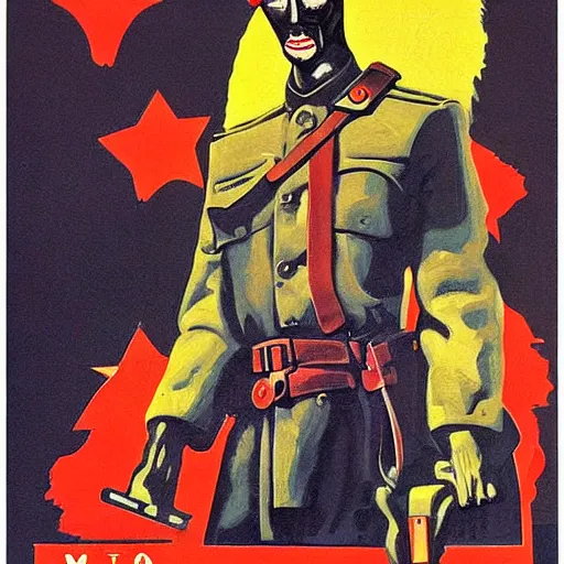 Image similar to a detailed and complex soviet propaganda poster depicting a dromaius in military uniform. painting by dmitri moor