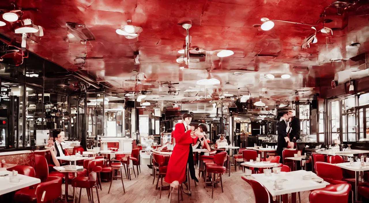 Prompt: interior shot of restaurant diner, young man in a suit and trenchcoat and a young beautiful women in a red cocktail dress fighting, mid shot, cozy mood, amber lighting, interior lighting, night exterior, red stools, white ceiling, white tables, white bar, hardwood floor, rule of thirds, film photography, hyper realistic, anamorphic lens, film grain