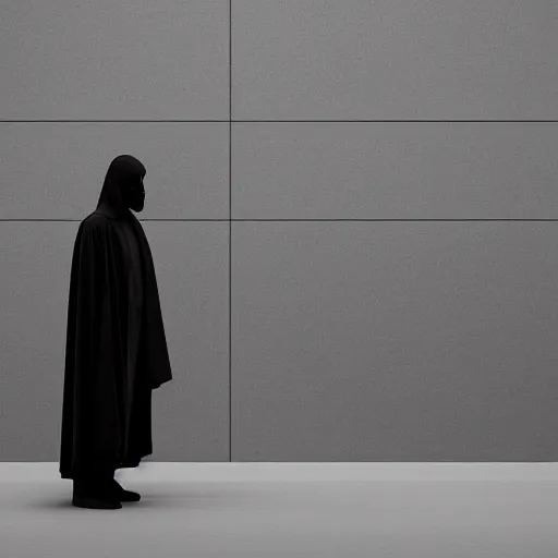 Prompt: the grim reaper standing stoic in black robe, waiting patiently, in a museum, perfect composition, by mike winkelmann