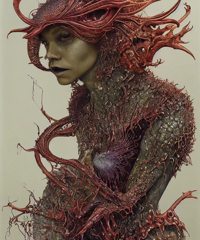 Prompt: portrait photograph of a fierce sadie sink as an alien harpy queen with slick slimy amphibian skin. she is trying on evil bulbous slimy organic membrane fetish fashion and transforming into a fiery succubus amphibian villian. by donato giancola, walton ford, ernst haeckel, brian froud, hr giger. 8 k, cgsociety