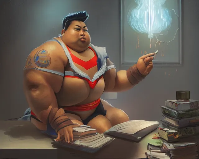 Image similar to an insanely detailed painting of a slightly chubby, nerdy asian man wearing a superhero costume, sitting at a desk, staring at the nervously at the computer and typing, in the style of peter mohrbacher, dramatic lighting and composition, octane render, pixar, trending on artstation, concept art, comic book, view from behind