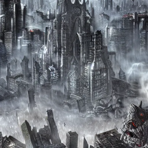 Prompt: giant creepy monster destroying city, high details, 8k, sharp, realistic