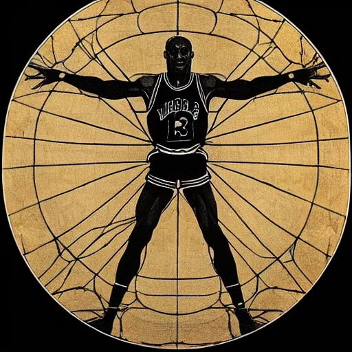 Image similar to Michael Jordan as the Vitruvian Man by leonardo da vinci, detailed, 8k, intricate blueprint