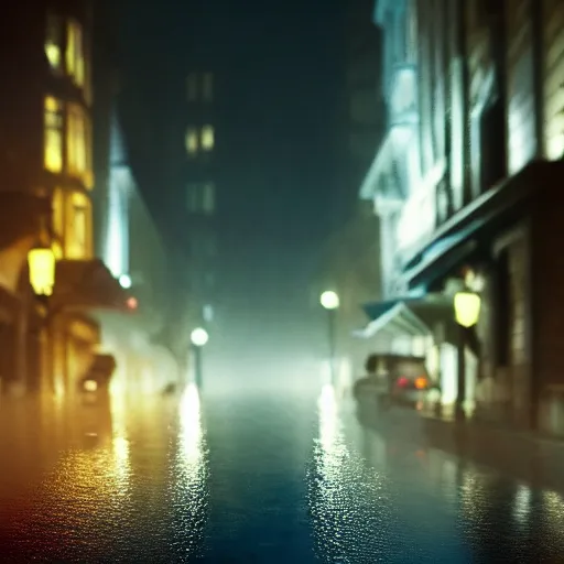 Image similar to photorealistic, hyperdetailed portrait of robert downey junior, night, city, rain, dense fog, hd, 8 k resolution