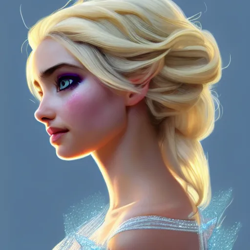 Prompt: Ana de Armas with blonde hair as Elsa from Frozen, western, D&D, fantasy, intricate, elegant, highly detailed, digital painting, artstation, concept art, matte, sharp focus, illustration, art by Artgerm and Greg Rutkowski and Alphonse Mucha