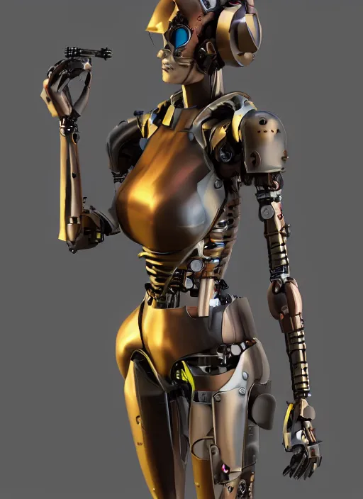 Prompt: woman, cyborg, low-poly, steampunk color scheme, hydro integration, robot, close-up shot