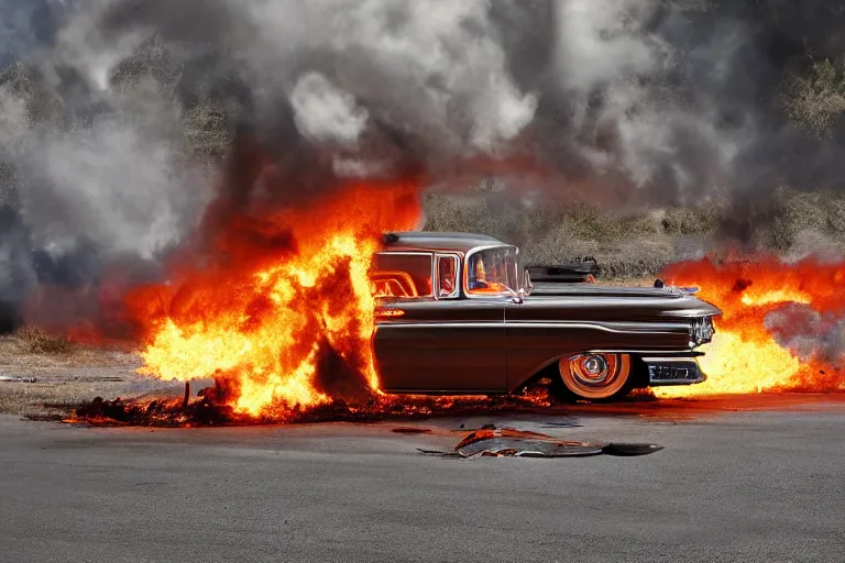 Image similar to 1959 Ford Cadillac exploding, full shot photograph, 4k high res, high detail