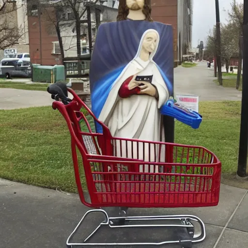 Image similar to a photograph of shopping cart jesus : savior of the downtrodden