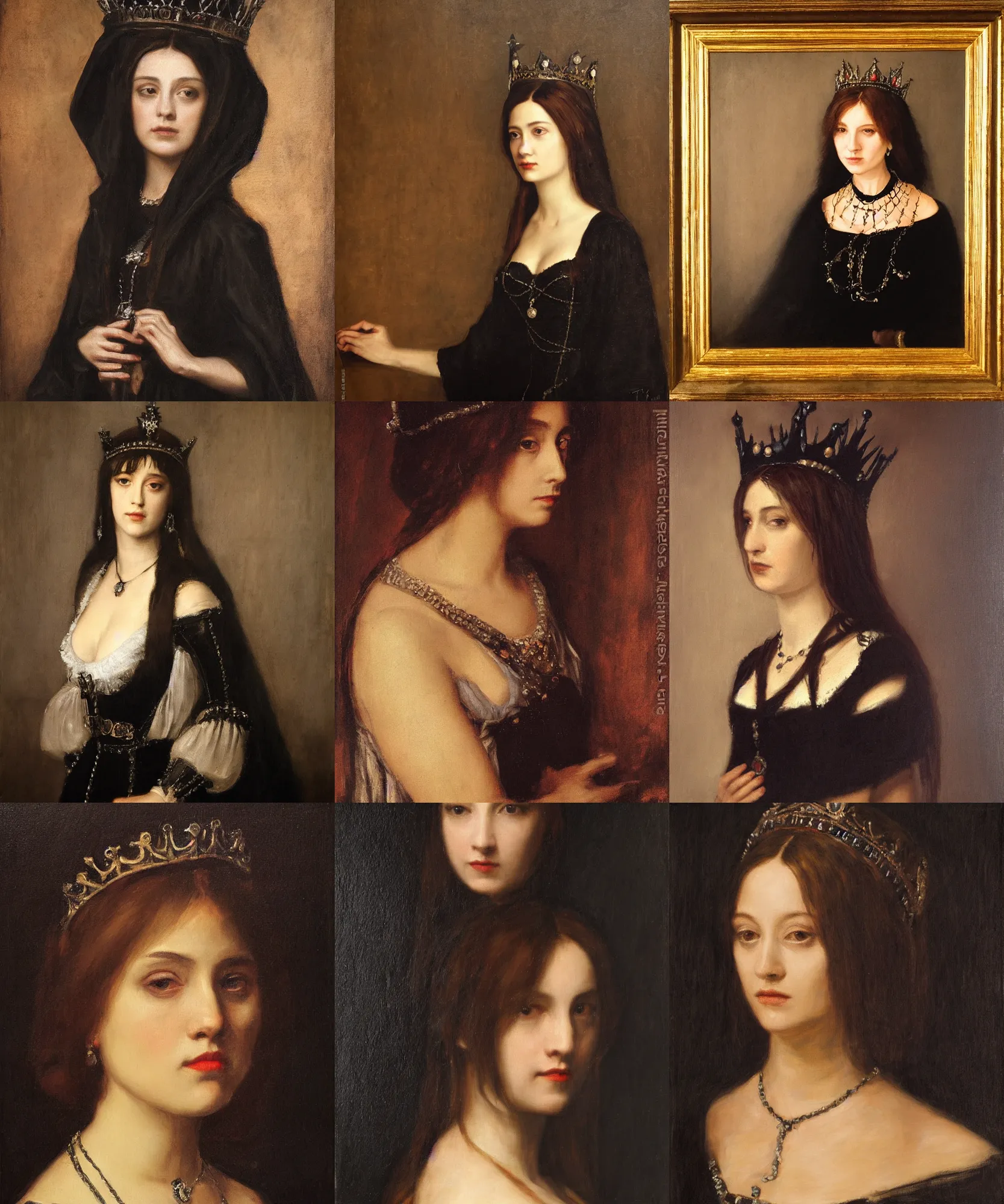Prompt: The portrait of Lady in black wax crown by Titian, dark fantasy, witcher, very detailed oil painting in the alla prima style, masterpiece, 8k