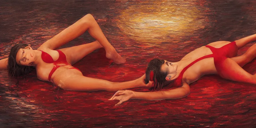 Image similar to Emily Ratajkowski full body laying in a blood red pool of water between a golden mirror frame, outside is space and inside the mirror frame is a beautiful landscape. physically accurate, dynamic lighting, intricate, elegant, highly detailed, digital painting, artstation, HR GIGER, Hieronymus Bosch, Francis Bacon, concept art, smooth, sharp focus, illustration, Hyperrealistic surreal 4K IMAX Rene Margritte intricate, elegant, highly detailed, digital painting, artstation, concept art, smooth, sharp focus, illustration, art by artgerm and greg rutkowski and alphonse mucha