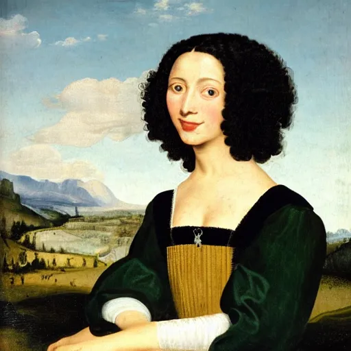 Image similar to young woman from the year 1 5 0 0, seated in front of a landscape background, her black hair is fine curly, she wears a dark green dress pleated in the front with yellow sleeves, puts her right hand on her left hand and smiles slightly, oil painting