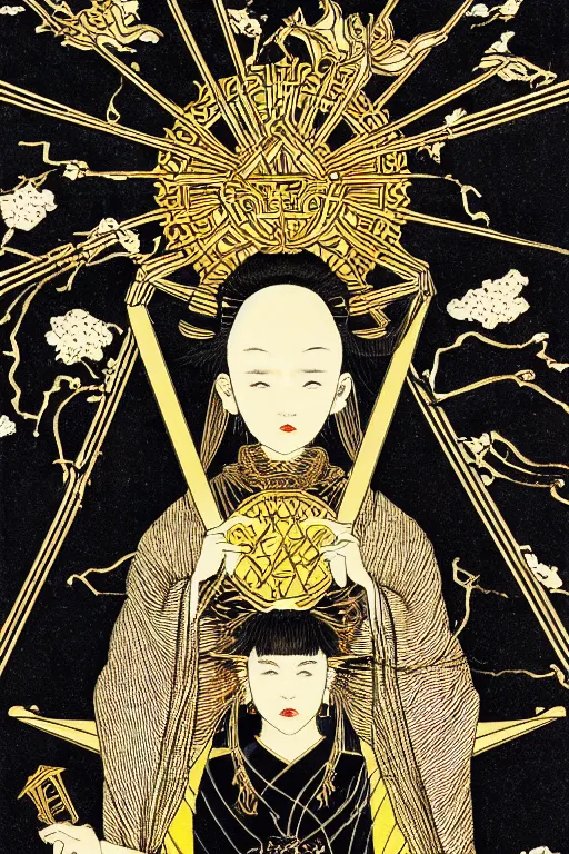 Image similar to highly-detailed vector image of a tarot card by takato yamamoto. natural light, light leaks. 8K HD wallpaper. Black 2.0, metallic gold, metallic silver color scheme.