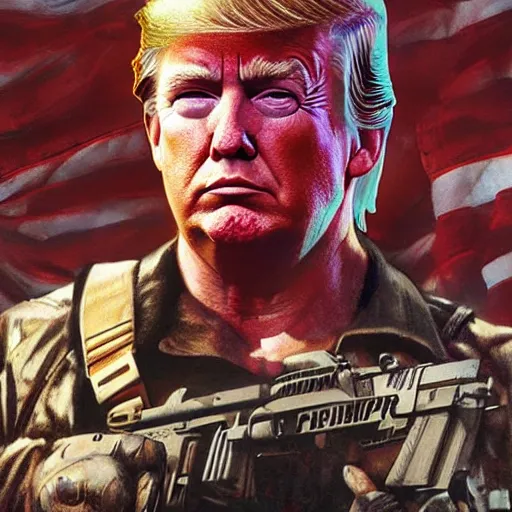 Image similar to trump as rambo, movie poster, digital art, high - detailed, 4 k, artstation, hyper - realistic, by drew struzan