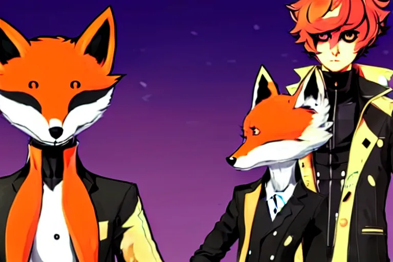 Image similar to a furry tan male fox on a persona 5 : royal ( by atlus ) video game splash screen, a furry male sandcolored tan fox fursona ( has hair ), persona 5 phantom thief style