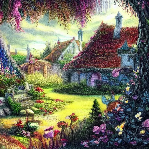 Image similar to garden in an elven village, fantasy, pastel