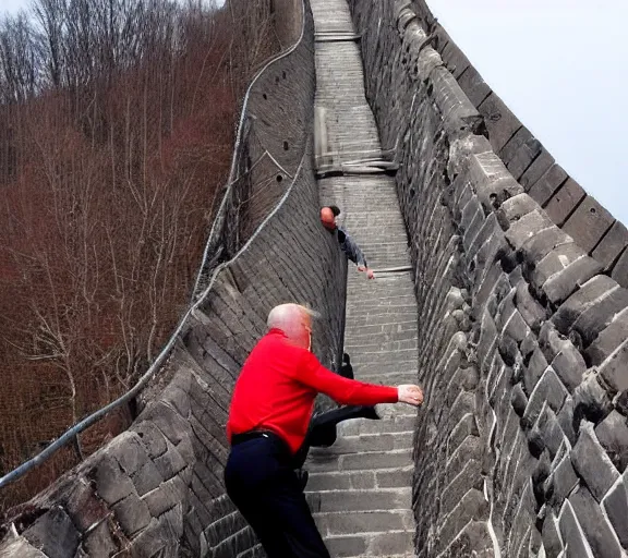 Image similar to candid photo of donald trump climbing over the great wall of china in 2020