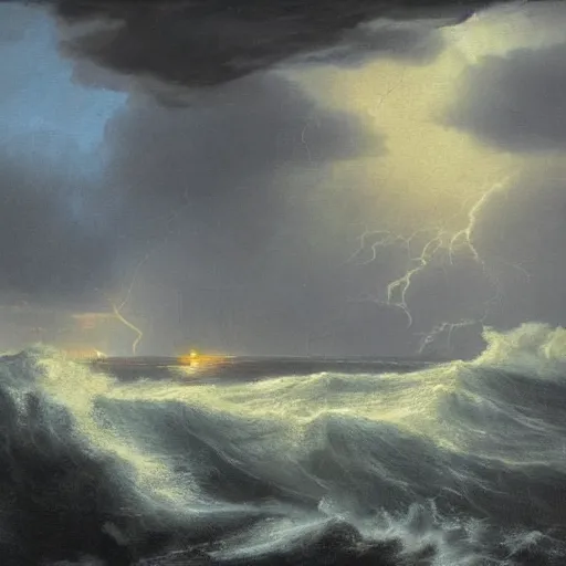 Image similar to This painting depicts a storm scene with thunder and lightning. The dark grey clouds, illuminated with electric light, swirl around the sun, which is painted bright orange. The sea is dark, and roils angrily as the storm rages. You can just make out the silhouette of a ship, being tossed by the waves, and headed towards the rocky coastline