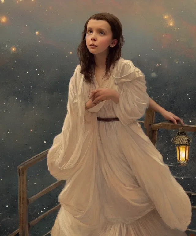 Image similar to a beautiful painting of a girl resembling millie bobby brown standing on a bridge, watching the view from the river of the lantern festival in a an ancient italian town, at night with a sky full of stars, intricate, elegant, highly detailed, digital painting, artstation, concept art, by krenz cushart and artem demura and alphonse mucha