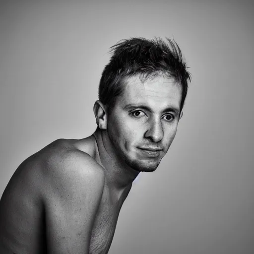 Image similar to portrait of a 3 0 years old frenchman in 2 0 2 0 seated. award winning photography, 5 0 mm, studio lighting, black and white, contrasted.