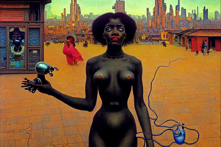 Image similar to realistic extremely detailed portrait painting of a beautiful black woman with a robot, city street on background by Jean Delville, Amano, Yves Tanguy, Ilya Repin, William Holman Hunt, Alphonse Mucha, Ernst Haeckel, Edward Robert Hughes, Roger Dean, rich moody colours