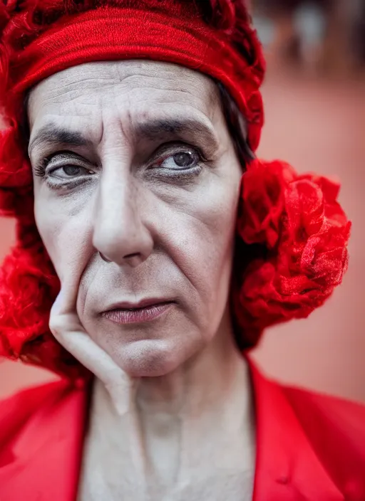 Prompt: color Close-up portrait of a beautiful 40-year-old Italian woman, wearing a red outfit, candid street portrait in the style of Martin Schoeller award winning, Sony a7R