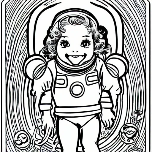 Prompt: clean simple line art of a cute little girl with a mischievous face and short brown wavy curly hair. she is dressed as an astronaut. no background. well composed, clean coloring book page, beautiful detailed face. coloring book line art by steve ditko and jack kirby and alphonse mucha